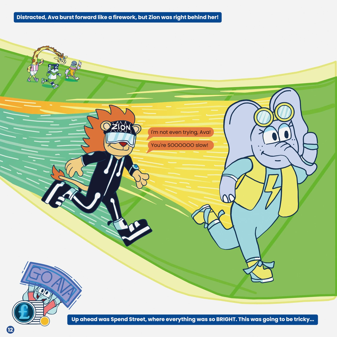 Ava and Zion race side by side along a curving street, with Louis cheering nearby.